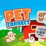 Rajzolt állatok és épület egy farmon, Pet Connect felirattal a háttérben