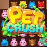 Színes, állatfigurákat ábrázoló elemek egy négyzetrácsos háttér előtt, középen zöld levelekkel díszített nagy Pet Crush felirattal