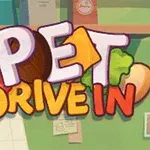 Színes Pet Drive In felirat rajzfilm stílusban, ételmotivumokkal körülvéve, zöld háttér előtt
