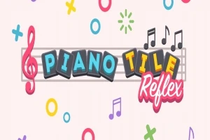 Színes zenei motívumokkal és hangjegyekkel díszített logó, Piano Tile Reflex felirattal