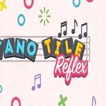 Színes zenei motívumokkal és hangjegyekkel díszített logó, Piano Tile Reflex felirattal