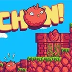 Egy piros, kerek madár karakter ugrál egy színes, platformos, kőből és növényekből álló játékkörnyezetben, felette a PICHON!