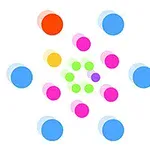Színes, koncentrikus körök halvány háttérrel, különböző méretű és árnyalatú geometriai minták elrendezésével