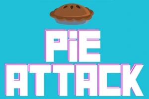 PIE ATTACK felirat vastag, fehér betűkkel kék háttér előtt, egy sütemény figurával a szöveg fölött