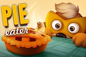 Rajzfilm stílusú figura nagy szemekkel bámul egy gőzölgő süteményre, miközben a PIE eater felirat felette látható