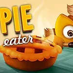 Rajzfilm stílusú figura nagy szemekkel bámul egy gőzölgő süteményre, miközben a PIE eater felirat felette látható