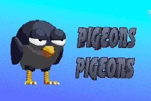 Egy fekete-fehér rajzfilmszerű madár áll egy kék háttér előtt, mellette a PIGEONS felirat látható