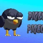 Egy fekete-fehér rajzfilmszerű madár áll egy kék háttér előtt, mellette a PIGEONS felirat látható