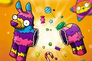 Egy színes, kettétört pinata, amelyből cukorkák és édességek hullanak ki, élénk sárga háttérrel