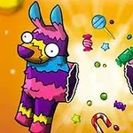 Egy színes, kettétört pinata, amelyből cukorkák és édességek hullanak ki, élénk sárga háttérrel