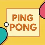 Két asztaliteniszütő és egy labda a PING PONG felirat körül sárga háttéren