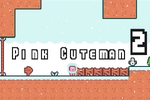 Egy pixelgrafikás játék képernyőjén rózsaszín karakter és Pink Cuteman 2 felirat látható
