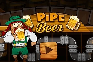 Rajzolt bajuszos figura zöld kalapban és ruhában söröskorsóval, fából készült játszási gomb, csövek, és Pipe Beer felirat söröskorsókkal