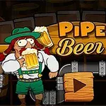 Rajzolt bajuszos figura zöld kalapban és ruhában söröskorsóval, fából készült játszási gomb, csövek, és Pipe Beer felirat söröskorsókkal