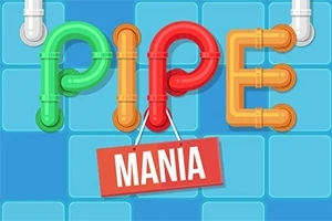 Színes csövekből kirakott PIPE felirat a kék csempés háttér előtt, alatta egy piros táblán a MANIA szó