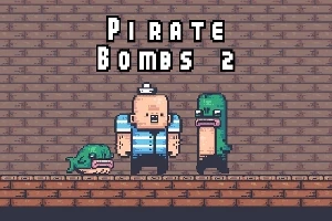 Barna téglafal előtt két zöld rajzfilmfigura és egy kék-fehér csíkos trikót viselő karakter áll, felettük a Pirate Bombs 2 felirat látható