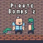 Barna téglafal előtt két zöld rajzfilmfigura és egy kék-fehér csíkos trikót viselő karakter áll, felettük a Pirate Bombs 2 felirat látható