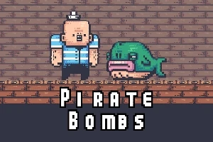 Kockás tetőn álló, kék-fehér csíkos pólós tengerész mellett zöld hal, pixel stílusú grafikával, Pirate Bombs felirattal