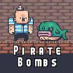 Kockás tetőn álló, kék-fehér csíkos pólós tengerész mellett zöld hal, pixel stílusú grafikával, Pirate Bombs felirattal