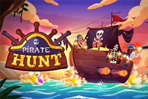 Kalózhajó vitorlázik a tengeren, ágyútűzzel és színes háttérrel, a Pirate Hunt felirattal
