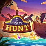 Kalózhajó vitorlázik a tengeren, ágyútűzzel és színes háttérrel, a Pirate Hunt felirattal