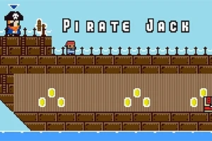 Kalózhajó pixelgrafikával, rajta egy kalóz és egy kis karakter, valamint Pirate Jack felirat