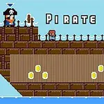 Kalózhajó pixelgrafikával, rajta egy kalóz és egy kis karakter, valamint Pirate Jack felirat