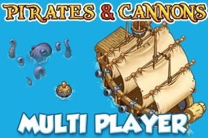 Kalózhajó vitorlákkal és ágyúkkal, valamint vízi szörny és kis hajó egy kék háttéren, Pirates & Cannons felirattal