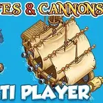 Kalózhajó vitorlákkal és ágyúkkal, valamint vízi szörny és kis hajó egy kék háttéren, Pirates & Cannons felirattal