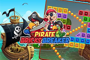 Kalózhajó egy kalózzal, papagájjal és a Pirate Bricks Breaker szöveggel egy színes, blokkos háttér előtt