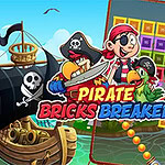 Kalózhajó egy kalózzal, papagájjal és a Pirate Bricks Breaker szöveggel egy színes, blokkos háttér előtt