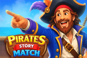 Mosolygó, szakállas kalózkapitány kék kabátban és tollas kalapban egy „Pirates Story Match felirat mellett mutat balra