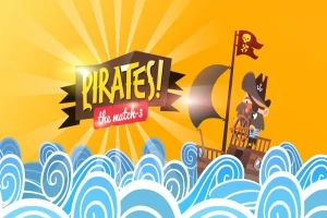 Kalózhajó egy kalózzal a fedélzeten, amely hullámzó tengeren vitorlázik egy napfényes háttér előtt, „Pirates!