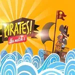 Kalózhajó egy kalózzal a fedélzeten, amely hullámzó tengeren vitorlázik egy napfényes háttér előtt, „Pirates!