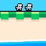 Két pixelart stílusú karakter áll egy zöld-füves platform szélén kék háttérrel