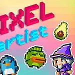 Pixeles stílusú karakterek és tárgyak, például egy lovag, pingvin, kutya, varázsló és avokádó színes háttéren, a PIXEL artist felirat alatt