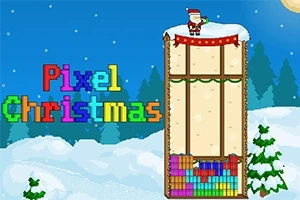Karácsonyi témájú pixelgrafikás kép havas tájjal, Télapóval egy torony tetején és színes építőelemekkel, Pixel Christmas felirattal
