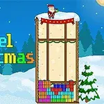 Karácsonyi témájú pixelgrafikás kép havas tájjal, Télapóval egy torony tetején és színes építőelemekkel, Pixel Christmas felirattal
