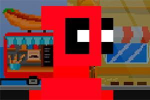 Egy piros, pixeles figurát ábrázoló kép, háttérben egy hot dogot kínáló standdal