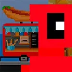 Egy piros, pixeles figurát ábrázoló kép, háttérben egy hot dogot kínáló standdal