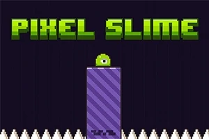 Zöld, egyszemű lény egy lila platform tetején fehér tüskék fölött, háttérben a PIXEL SLIME felirattal