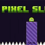 Zöld, egyszemű lény egy lila platform tetején fehér tüskék fölött, háttérben a PIXEL SLIME felirattal