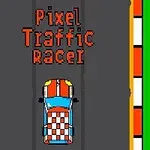 Színes pixelgrafikás autó száguld az aszfalt úton, körülötte zöld és narancssárga szegélyekkel