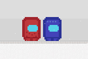 Két pixelart stílusú figura, egy piros és egy kék, egy szürke háttér előtt áll