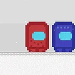 Két pixelart stílusú figura, egy piros és egy kék, egy szürke háttér előtt áll