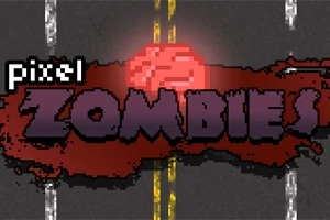 A kép közepén egy Pixel Zombies felirat olvasható, amelyet egy vérfoltszerű alakzat vesz körül, a háttérben pedig egy aszfaltút sárga felfestésekkel látható