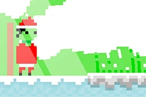 Pixeles zöld figura mikulássapkában egy jeges platformon áll