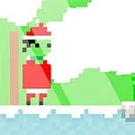 Pixeles zöld figura mikulássapkában egy jeges platformon áll