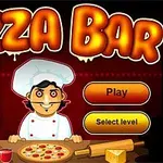 Egy rajzolt pizzakészítő szakács pult mögött áll, körülötte pizzák, sajt, tészta és menü gombok, a háttérben nagy Pizza Bar felirat látható
