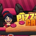 Rajzfilmszerű karakterek pizzát szolgálnak fel egy kávézóban, középen nagy pizzaszelet grafikával és Pizza Cafe felirattal